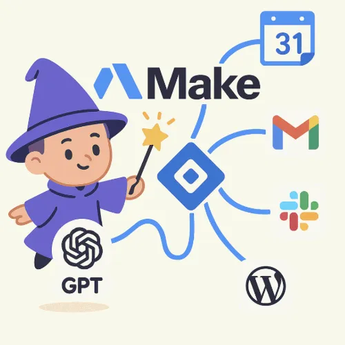 Make 플랫폼의 자동화 기능을 묘사한 일러스트 이미지. 이 이미지는 중심에 위치한 귀여운 마법사 캐릭터가 다양한 앱(GPT, Notion, Gmail, 캘린더 등)을 연결하며 자동화된 워크플로우를 구성하는 장면을 통해, Make의 시각적 워크플로우와 도구 간 연결 능력을 상징적으로 표현함 (Make automation tool, visual workflow, AI tool integration)