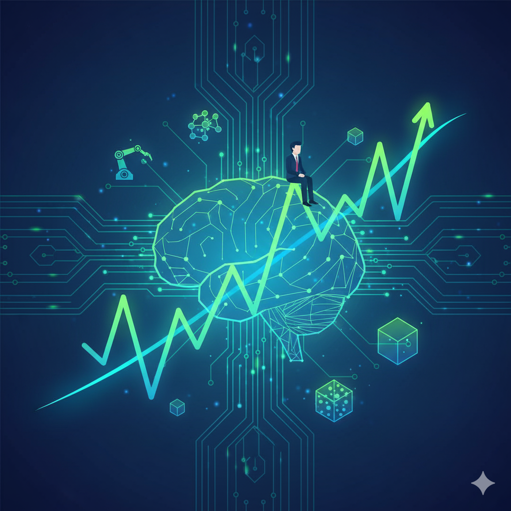 AI 인공지능 뇌 위로 상승하는 주식 차트 화살표와 그 위에 앉아있는 투자자 일러스트
