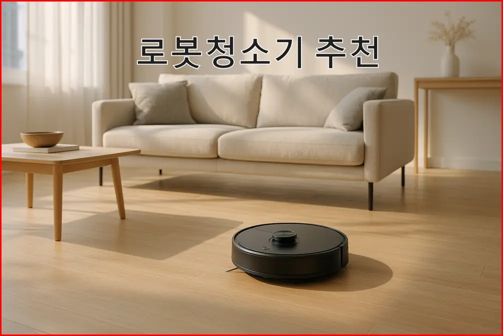 거실 원목 바닥에서 작동 중인 현대적인 가성비 로봇청소기