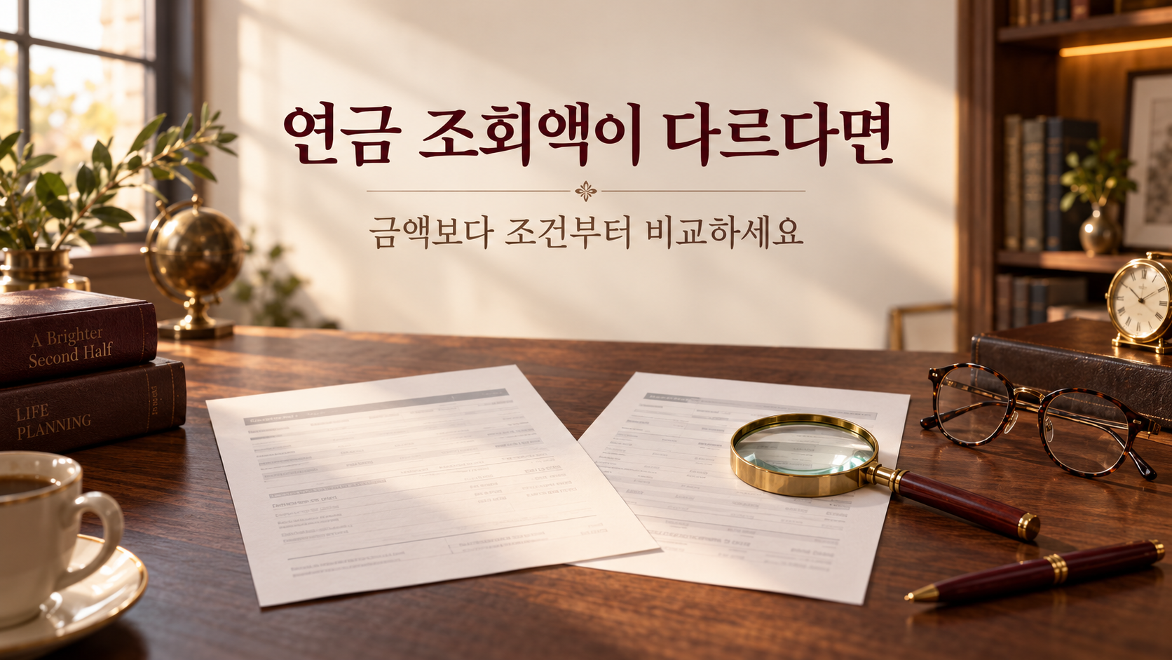 연금 조회액이 다를 때 계약과 기준 조건을 비교하는 문서와 돋보기 대표 이미지