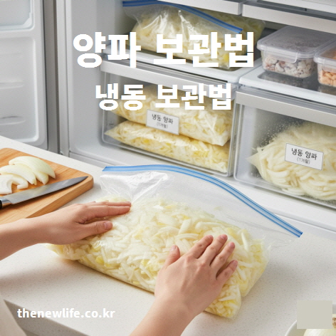 양파 냉동 보관법 – 채 썬 양파를 지퍼백에 평평하게 펼쳐 냉동