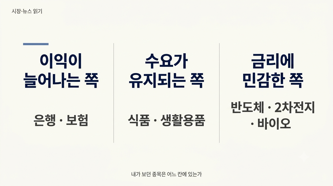 금리 인상 국면에서 업종이 세 갈래로 나뉘는 구조를 정리한 카드. 이익이 늘어나는 쪽에 은행과 보험, 수요가 유지되는 쪽에 식품과 생활용품, 금리에 민감한 쪽에 반도체와 2차전지, 바이오가 배치되어 있다.