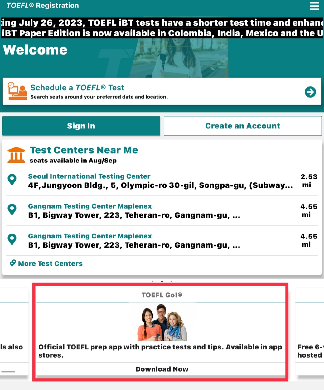 TOEFL official 어플리케이션 메인페이지