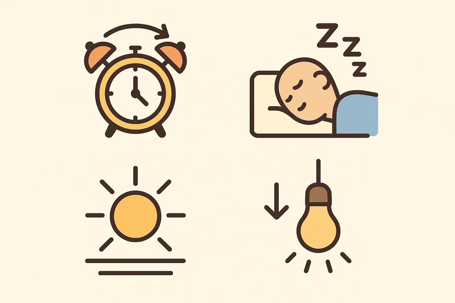 일정한 기상 시간 유지, 낮잠 20분, 아침 햇빛, 취침 전 조명 줄이기 등 4가지 핵심 수면 전략