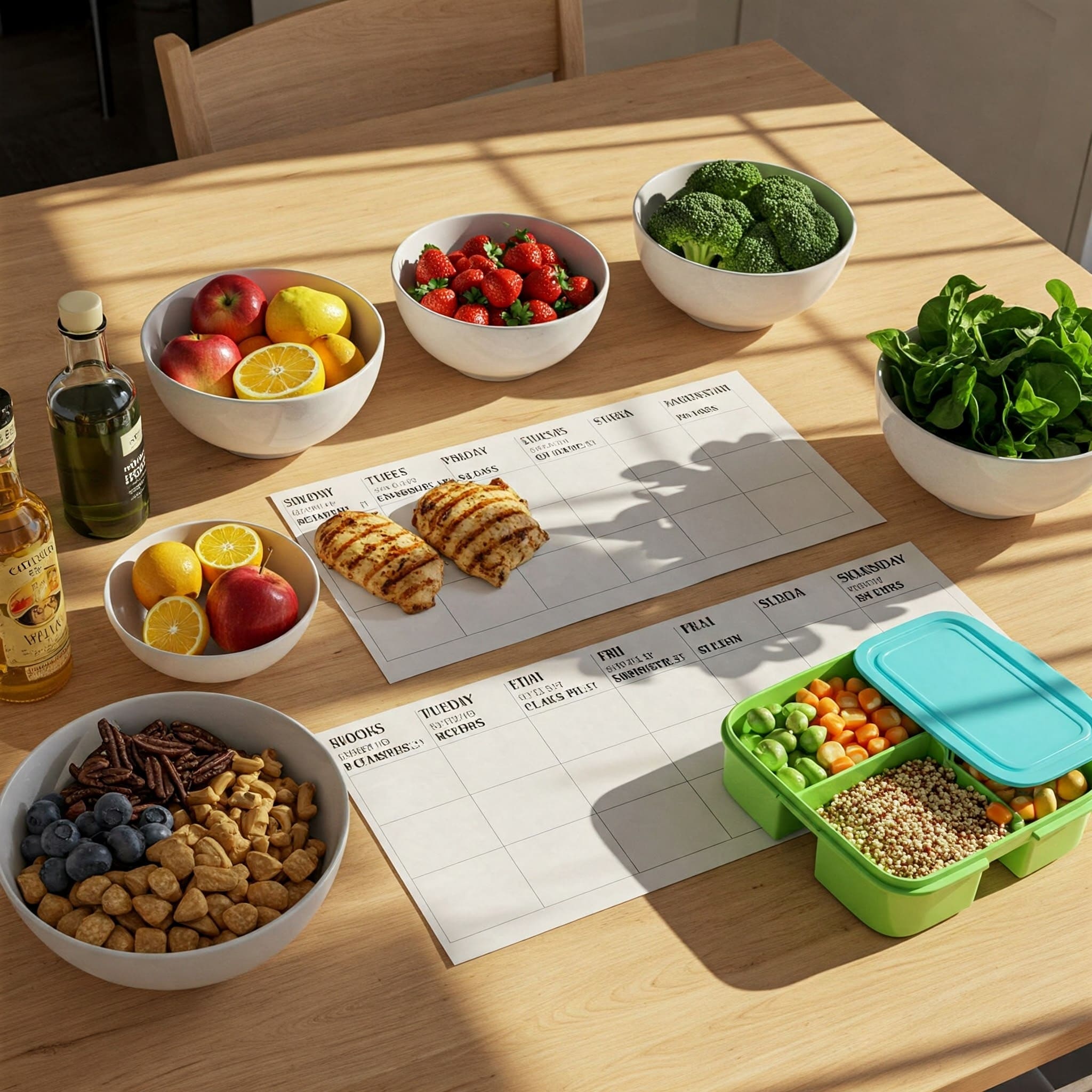 주방 테이블 위에 놓인 일주일 다이어트 식단표