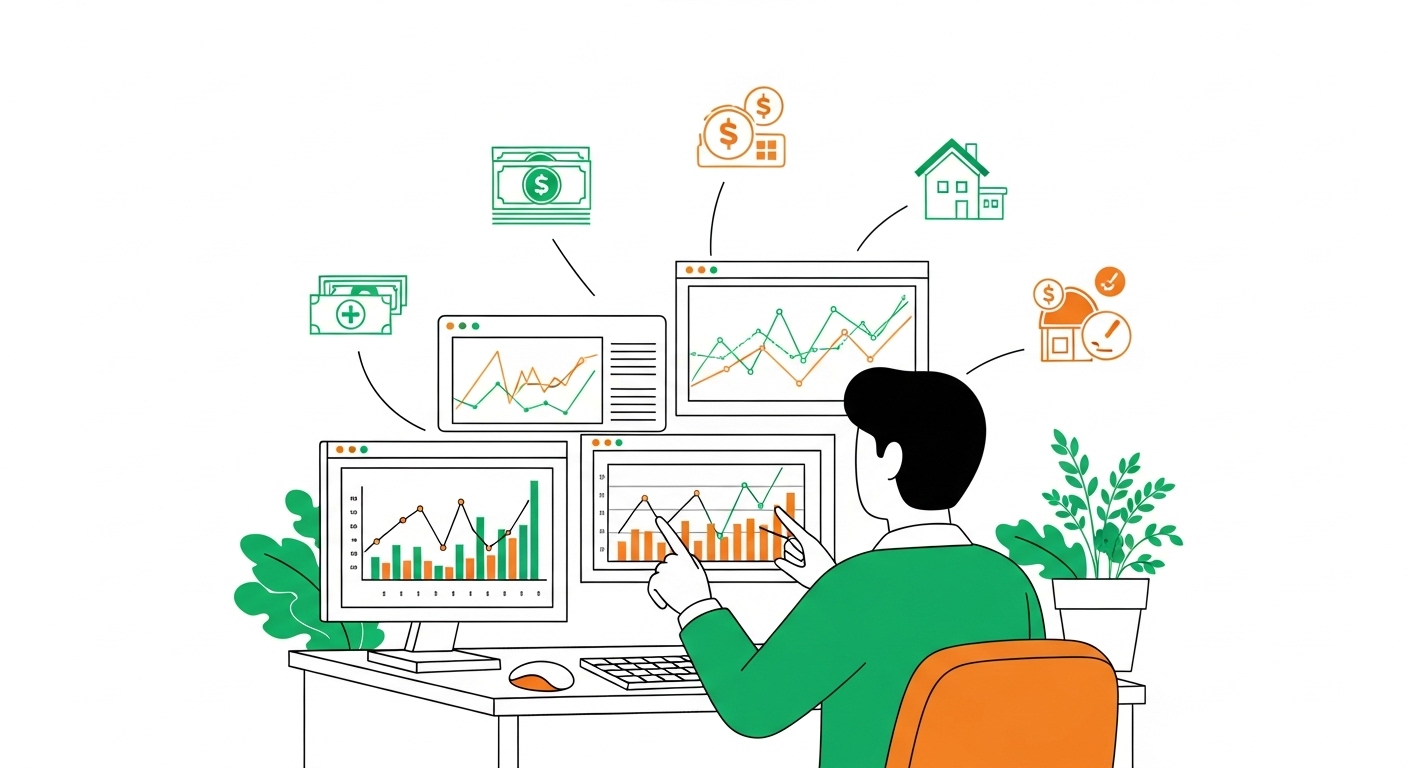 시장 변동성 속에서도 냉정하게 여러 투자 자산을 검토하며 포트폴리오를 다각화하는 개인 투자자를 상징하는 이미지.