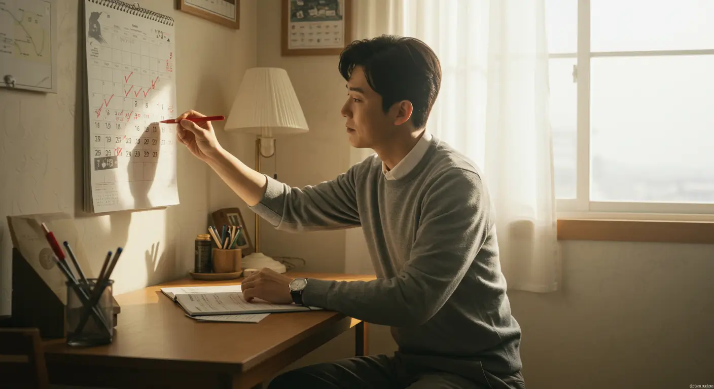 개인워크아웃 변제 계획표에 성실상환을 체크하며 희망을 보는 한국인 근로자