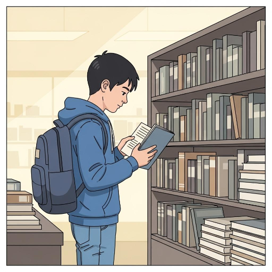 서점에서 참고서를 고르는 중학생