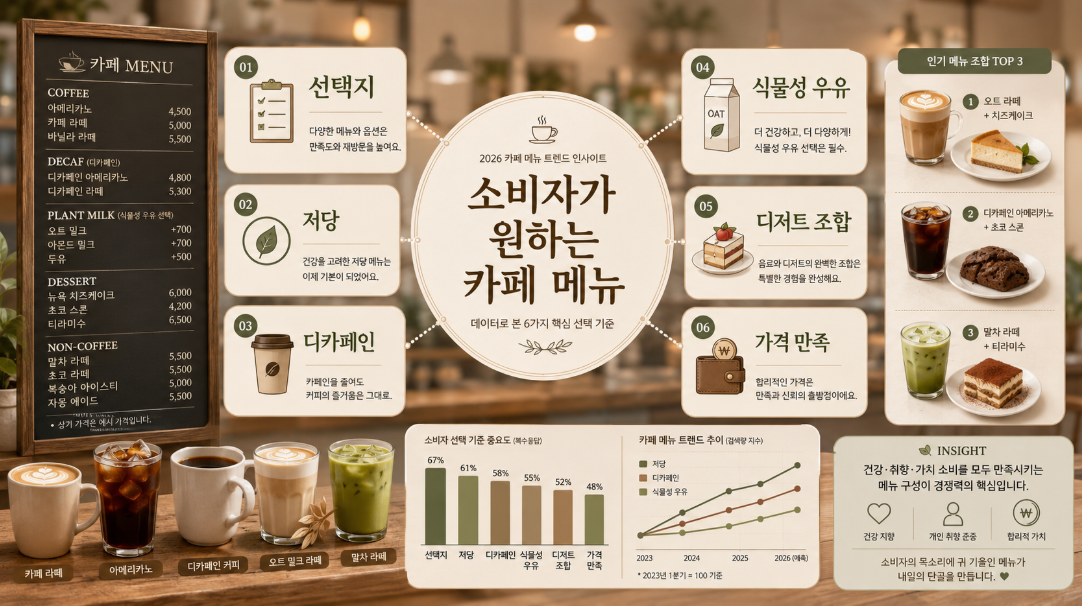 소비자가 원하는 2026 카페 메뉴 선택 기준을 정리한 인포그래픽 이미지