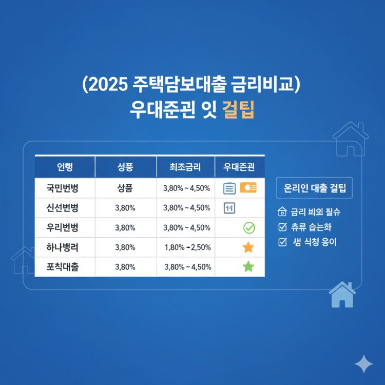 2025년 은행별 주택담보대출 금리비교/우대조건 인포그래픽 — 주요 은행 및 정책대출, 최저금리, 온라인 대출 꿀팁