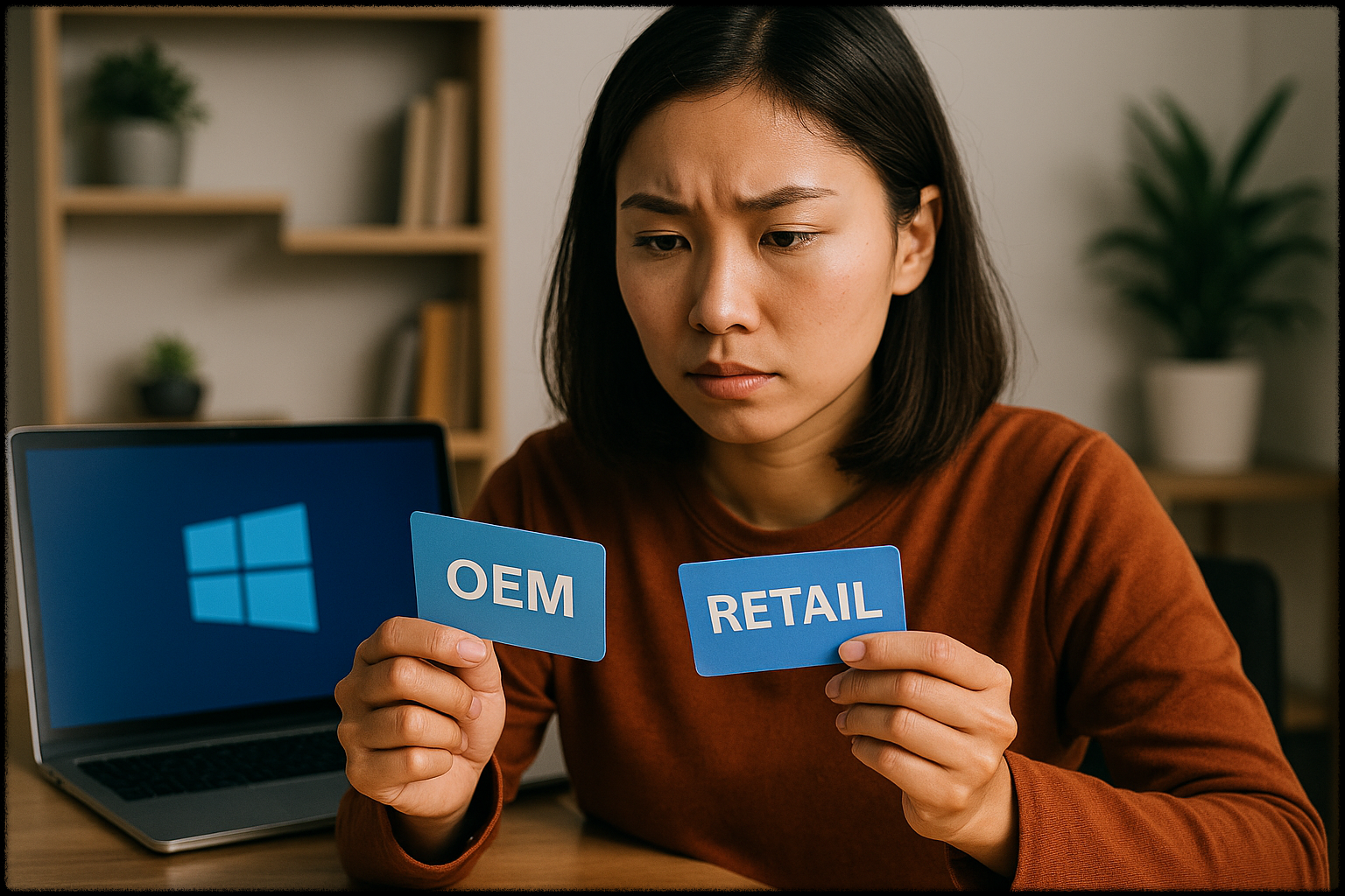 윈도우 라이선스 버전을 두고 고민하는 사용자의 모습