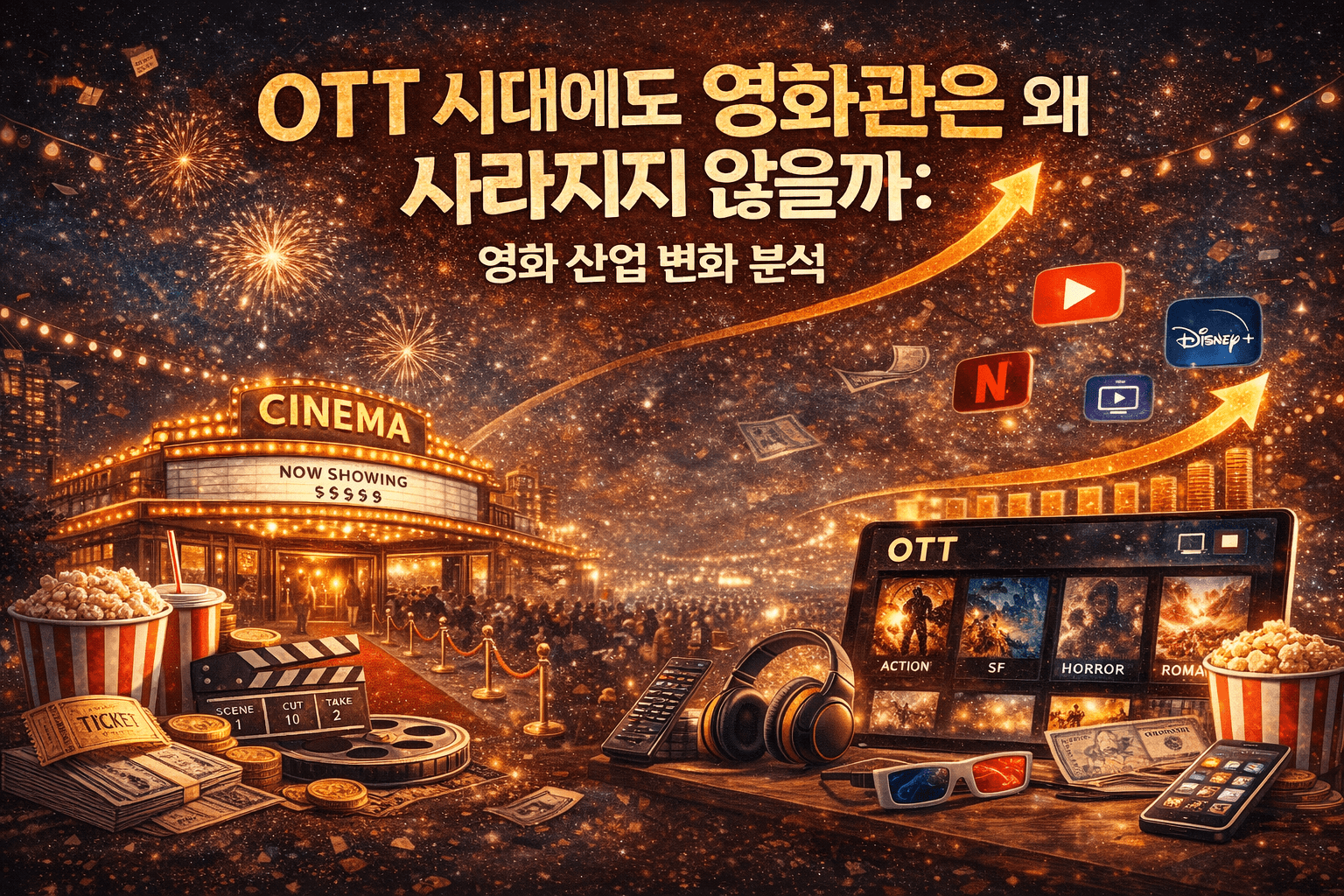 극장 건물과 OTT 플랫폼 화면을 대비시킨 이미지로, 왼쪽에는 팝콘과 티켓이 놓인 영화관 입구와 관객들이, 오른쪽에는 스마트 기기와 OTT 콘텐츠 화면이 배치되어 있으며 중앙에는 ‘OTT 시대에도 영화관은 왜 사라지지 않을까: 영화 산업 변화 분석’이라는 제목이 강조되어 극장과 OTT의 공존 구조를 시각적으로 표현하고 있다.