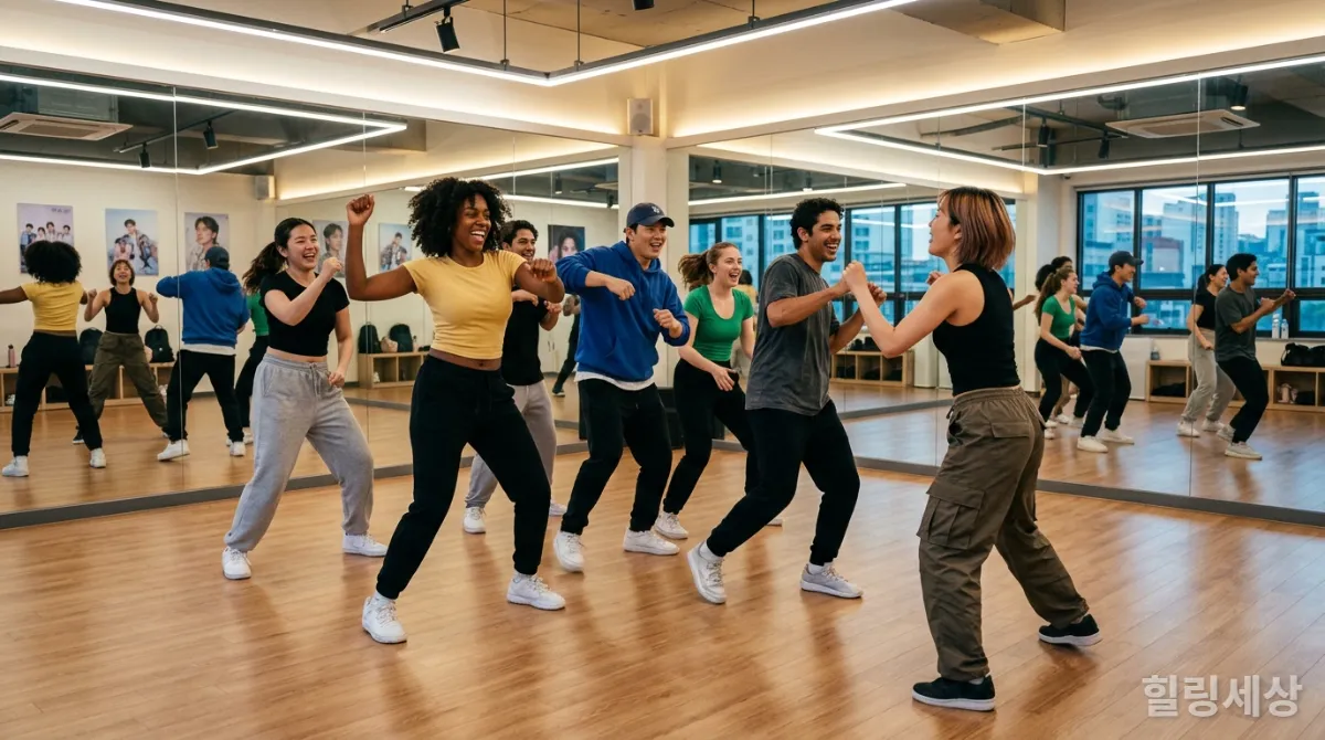 MZ세대 외국인들이 서울의 K-팝 댄스 스튜디오에서 열정적으로 춤을 배우는 모습