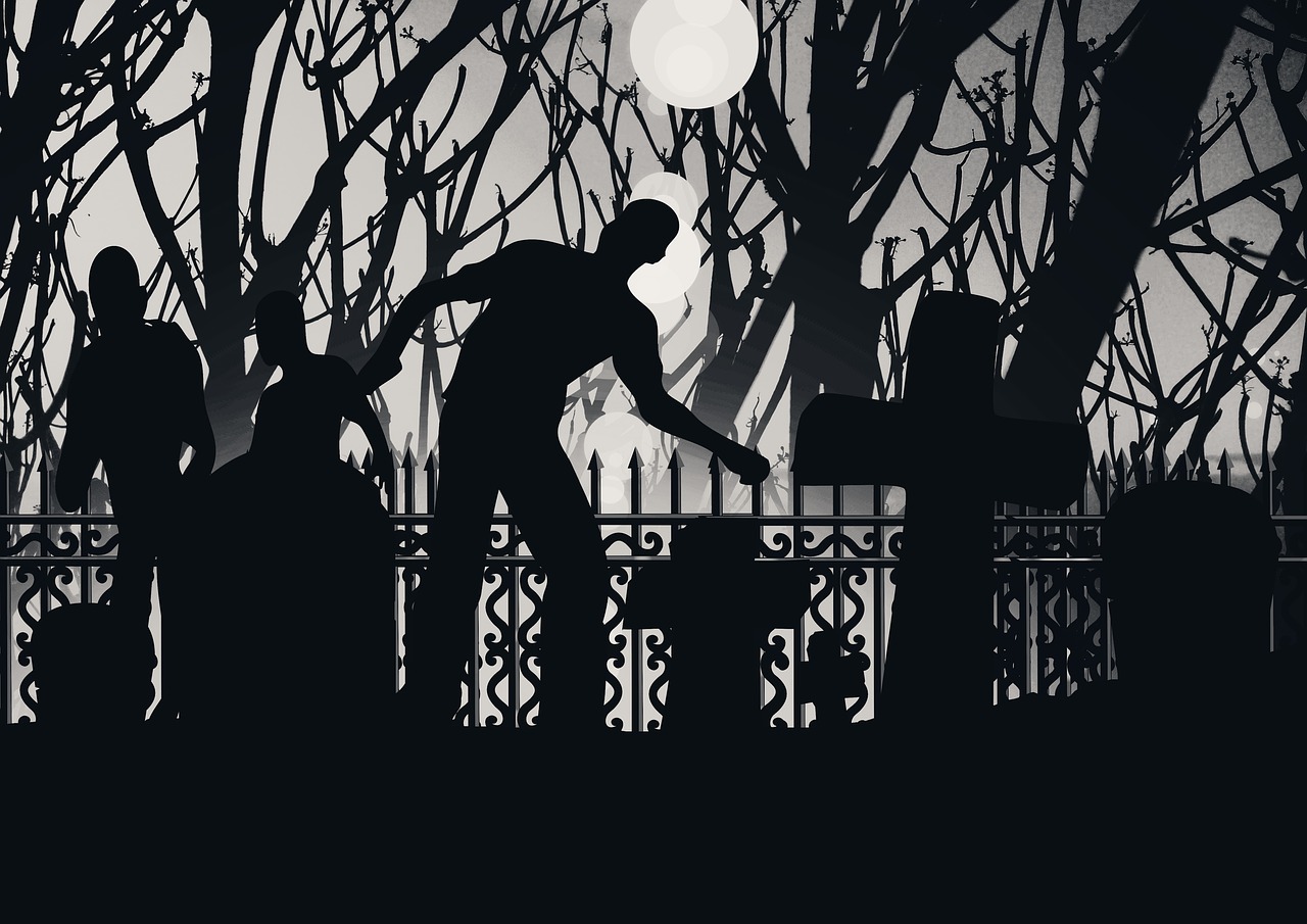 공동묘지와 좀비가 걸어오는 모습