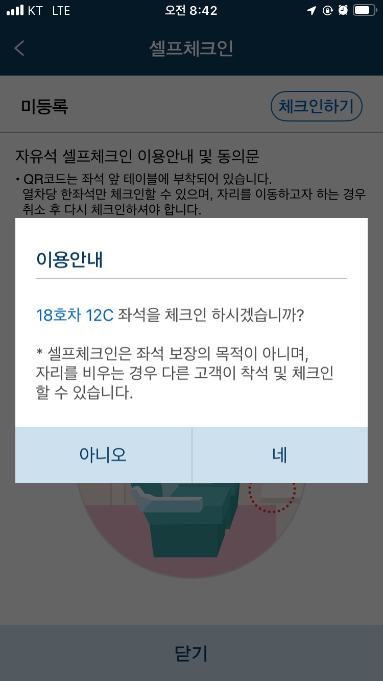 스마트폰에서 셀프 체크인 확인 모습