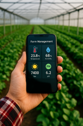 온실에서 스마트폰으로 농장 상태를 실시간 확인하는 모습