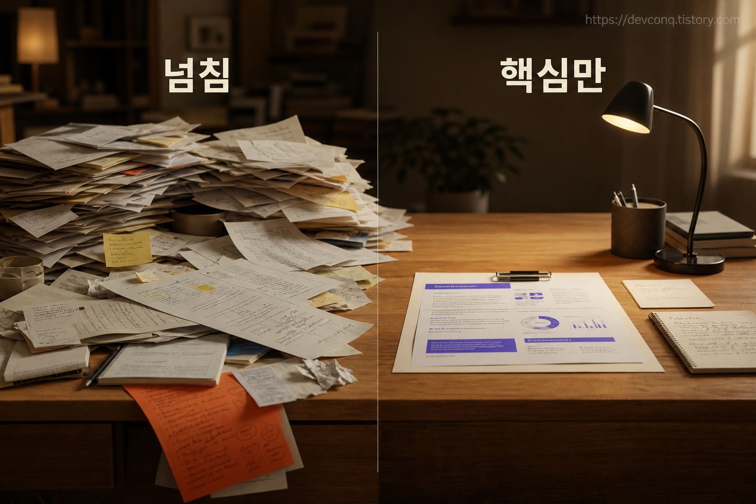 어수선하게 종이가 넘치는 책상과, 핵심 자료만 골라 정리한 깔끔한 책상을 나란히 비교한 장면