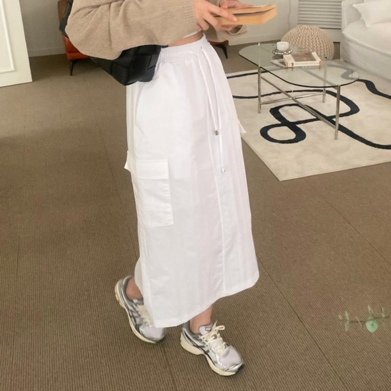 4colors 바스락 카고 여성 여름 나일론 스트링 밴딩 화이트 핑크 롱 스커트 치마