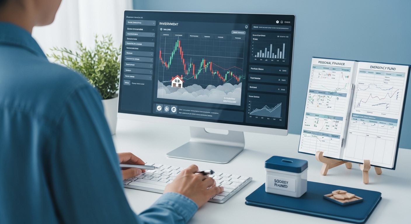 2025년 경제 불확실성에 대비하여 투자 포트폴리오 다각화와 비상 자금 마련을 통해 현명하게 자산을 관리하는 모습.