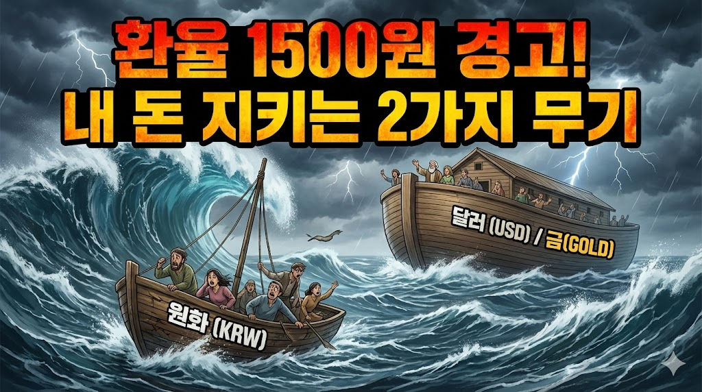 경제 위기 속에서 원화와 달러의 안정성을 대비시킨 일러스트.