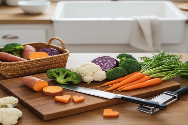 싱싱한 당근, 브로콜리, 콜리플라워, 양배추, 고구마 등 여러 가지 야채가 나무 도마위에 칼과 함께 올려져 있고 바구니에도 야채가 담겨져 재료준비 과정임을 보여준다.