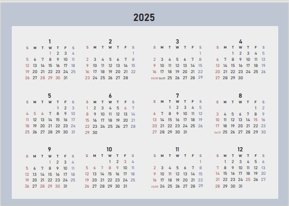 2025 달력 6가지 색상 무료 다운로드6