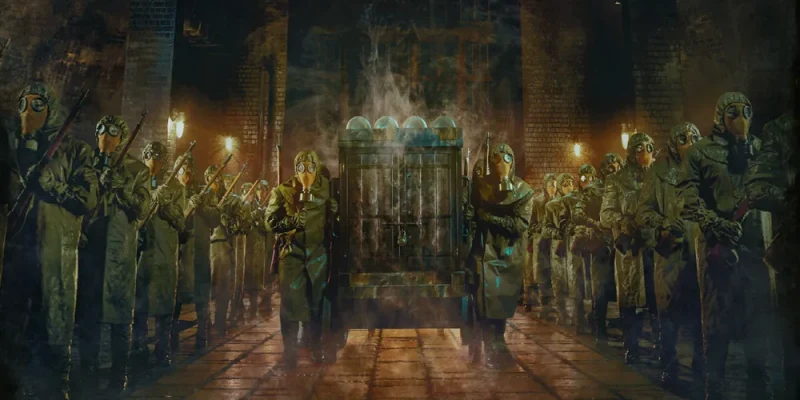 총을 들고 방독면을 쓴 군인과 무언가를 끌고 가는 경성크리처 주요장면