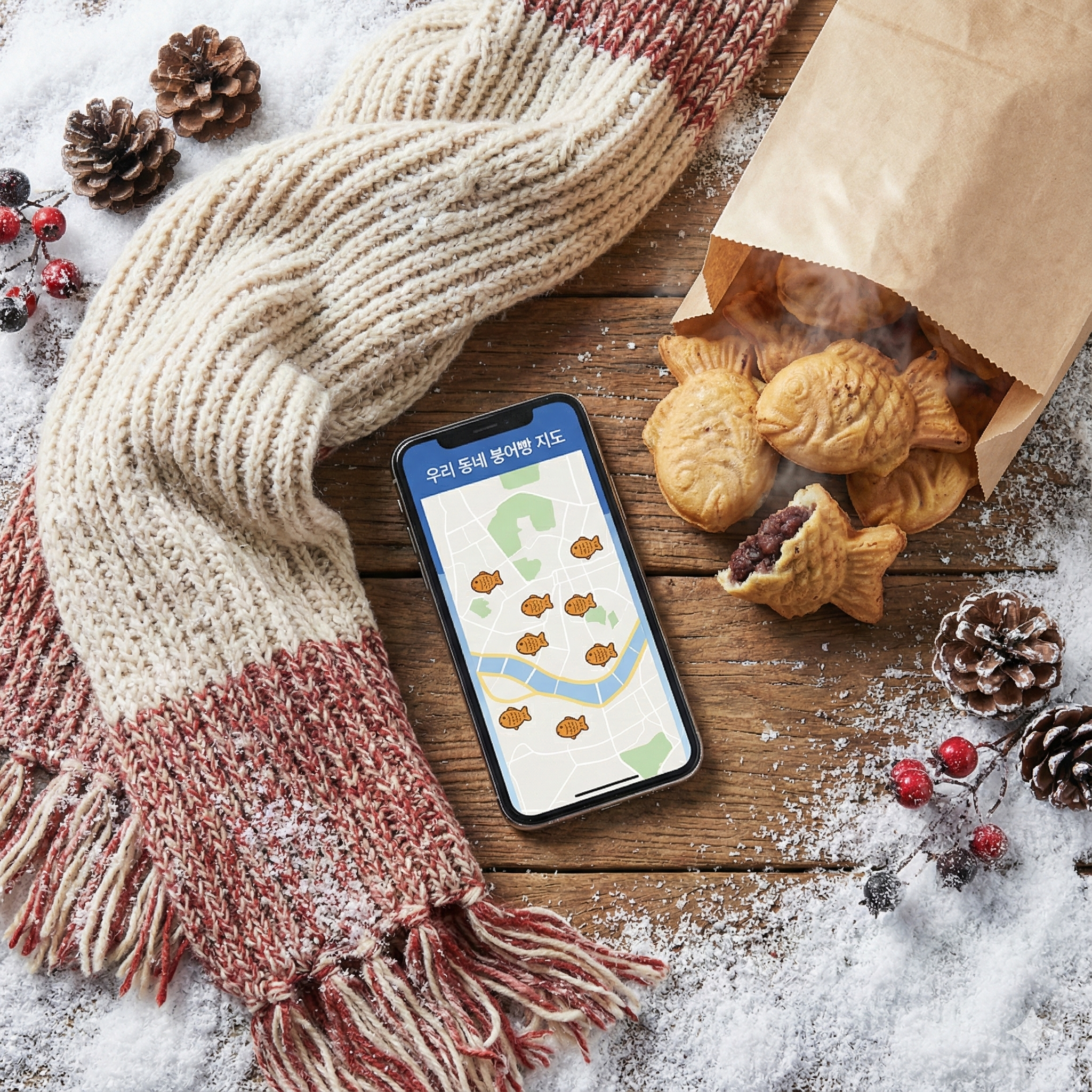 겨울 감성이 담긴 붕어빵 지도 어플과 갓 구운 붕어빵 썸네일 이미지