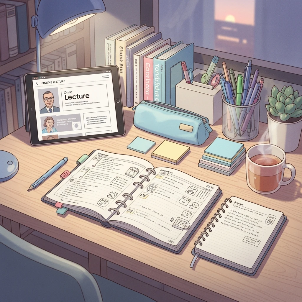 책상에서 플래너로 공부하는 대학생