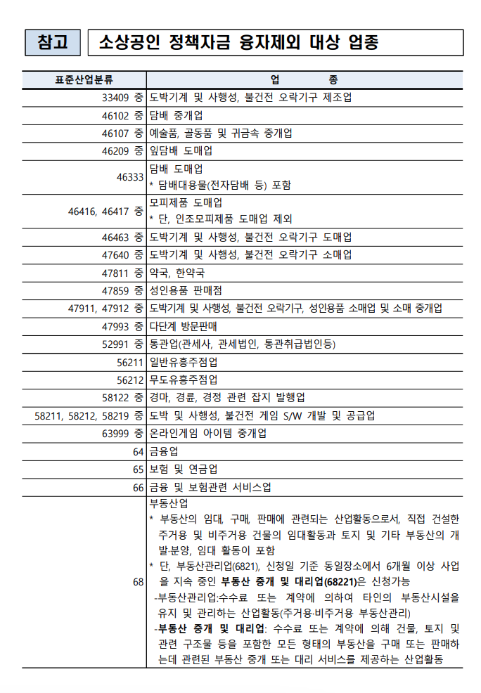 소상공인 정책자금 제외업종