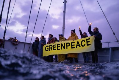 그린피스 깃발을 들고있는 사람들