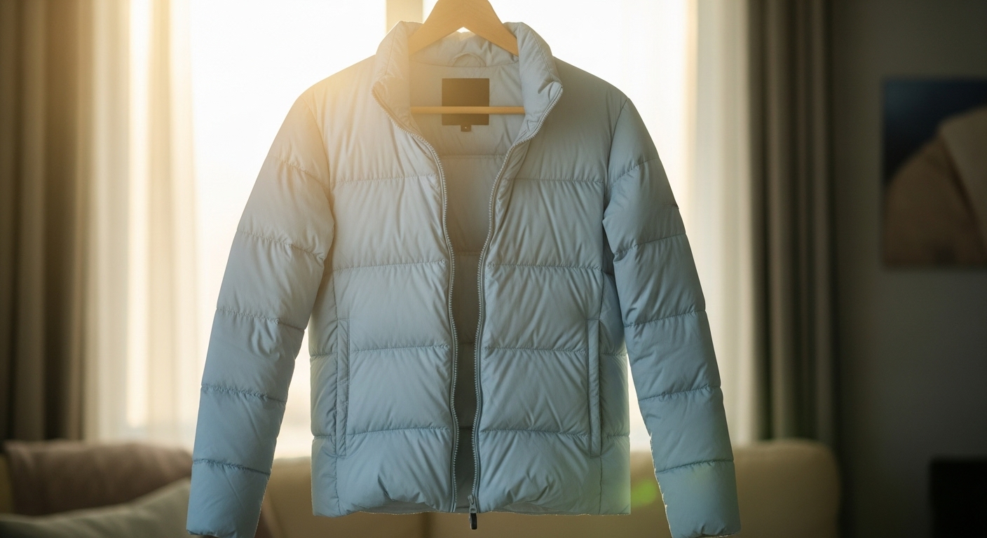 깨끗하게 세탁된 경량패딩이 뽀송하게 걸려있는 모습] 