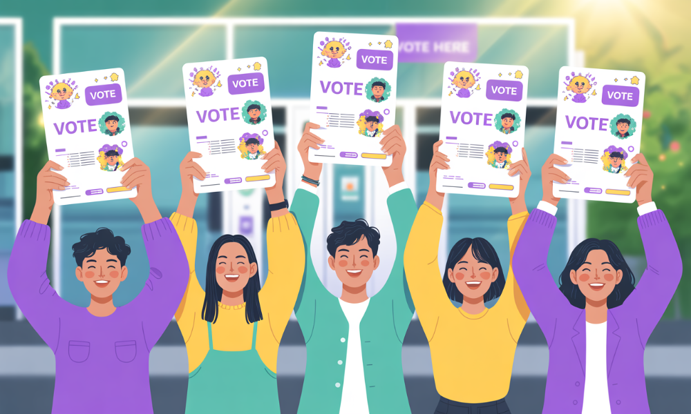 2025년 제21대 대통령선거 투표인증종이를 들고 기쁘게 포즈를 취하는 MZ세대 유권자들의 모습. 밝은 보라색과 노란색이 강조된 현대적인 일러스트로 투표 참여의 활기찬 분위기를 표현.