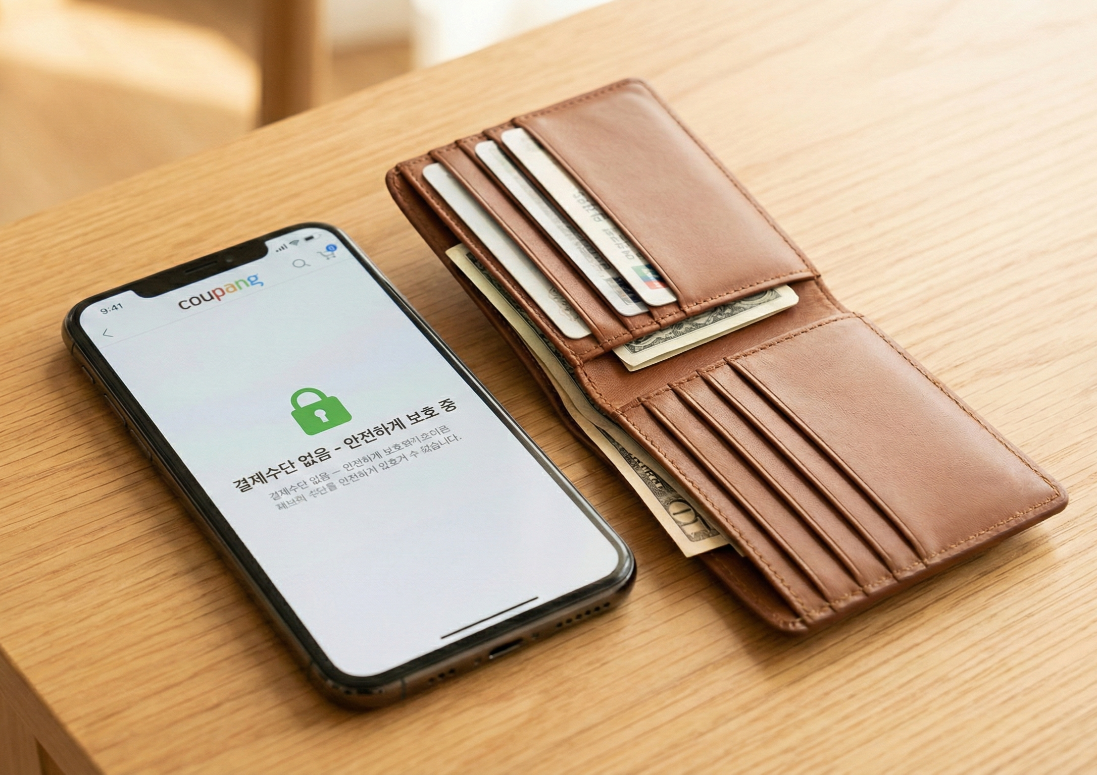 쿠팡 앱에서 결제수단 없음 메시지가 표시된 스마트폰과 지갑