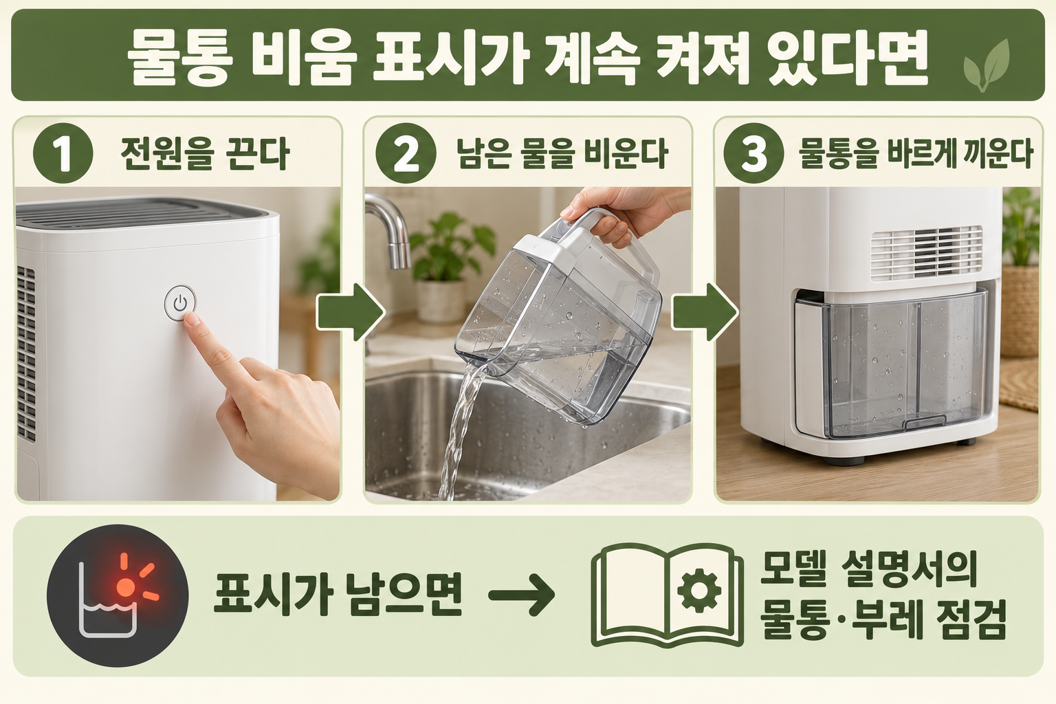 물통 비움 표시와 물통 재장착의 점검 순서