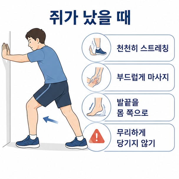 종아리에 쥐가 났을 때 벽을 이용해 천천히 스트레칭하고 근육을 부드럽게 마사지하는 방법을 표현한 이미지