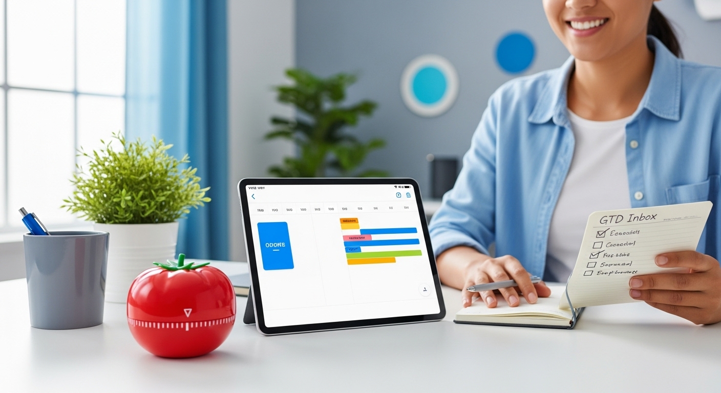 뽀모도로 타이머, 디지털 캘린더, 할 일 목록 등 다양한 시간 관리 도구를 활용하는 사람.