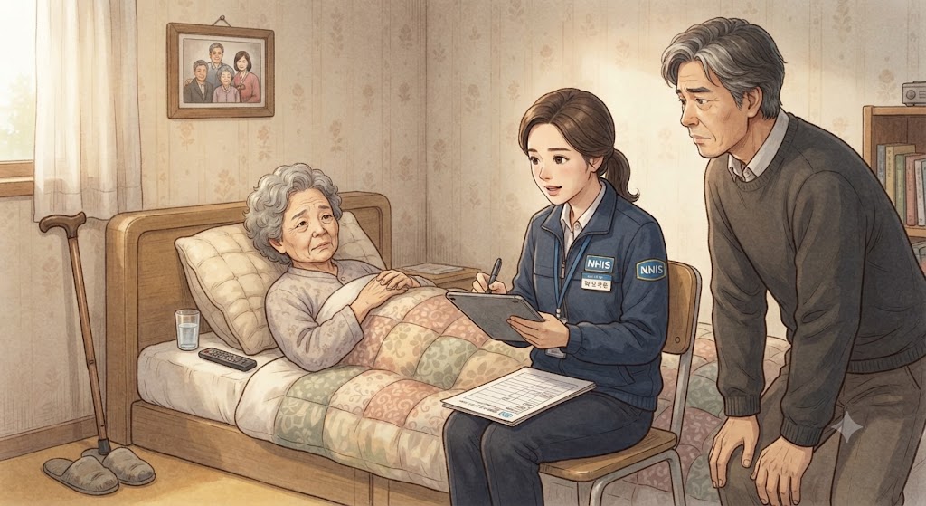 장애 등급을 받기 위해 건강 보험 공단 직원과 면담하는 모습