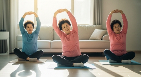 아침 햇살 속 스트레칭하는 60대 여성