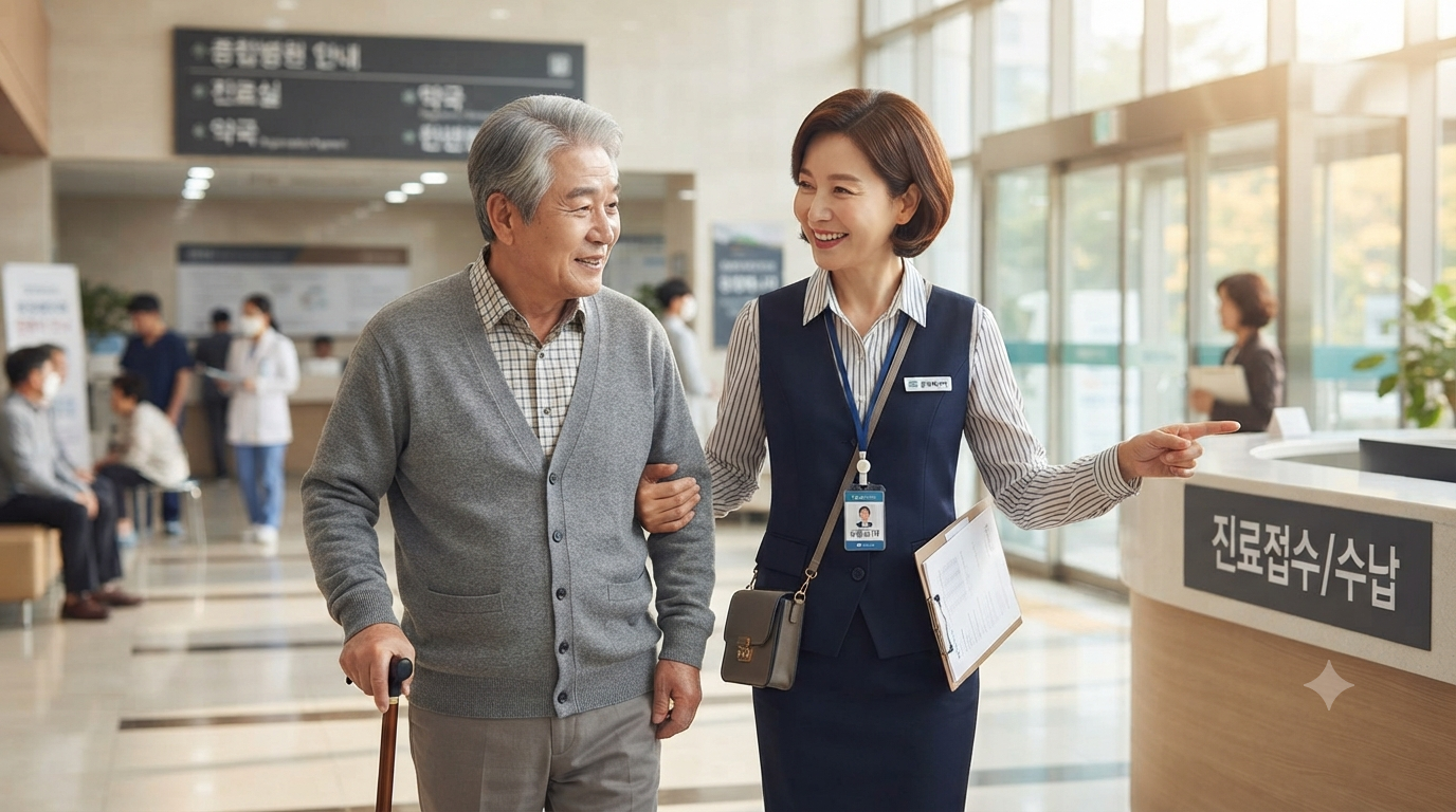 따뜻한 미소를 띤 전문 병원동행매니저(여성)가 지팡이를 짚은 노인 남성의 팔을 다정하게 부축하며 밝고 깨끗한 종합병원 로비 안쪽(진료접수/수납 카운터 방향)으로 안내하고 있는 실사 사진. 자막 없음.