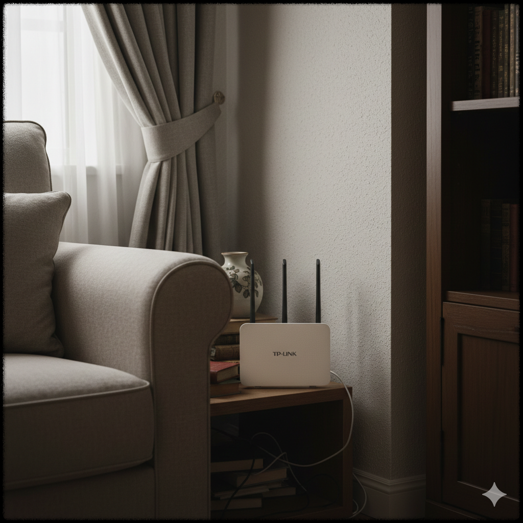 집 안에서 와이파이 신호가 약한 위치에 놓인 공유기 모습