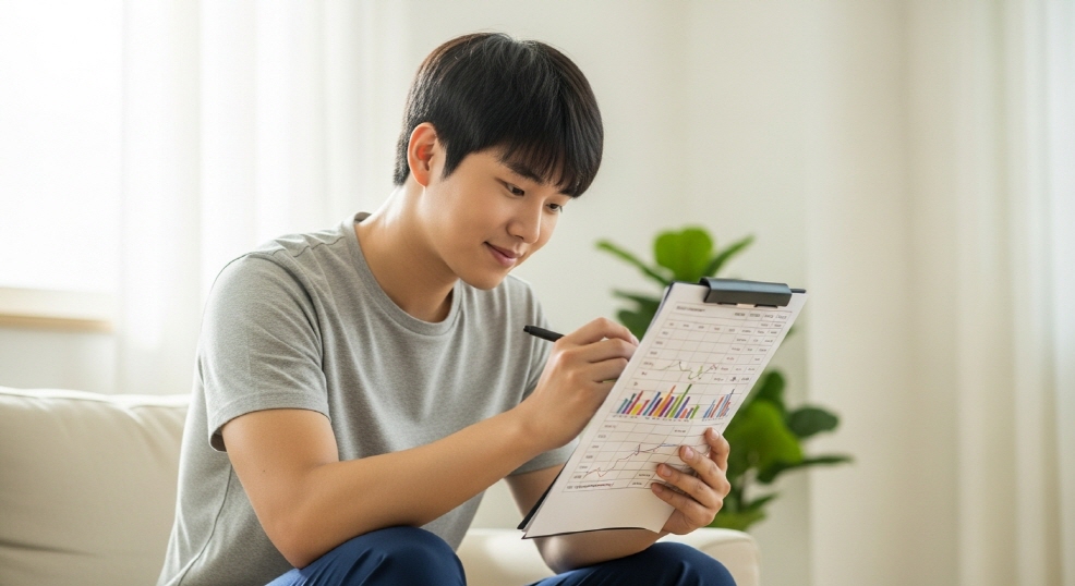 본인 조건 메모하며 비교표를 작성하는 청년 