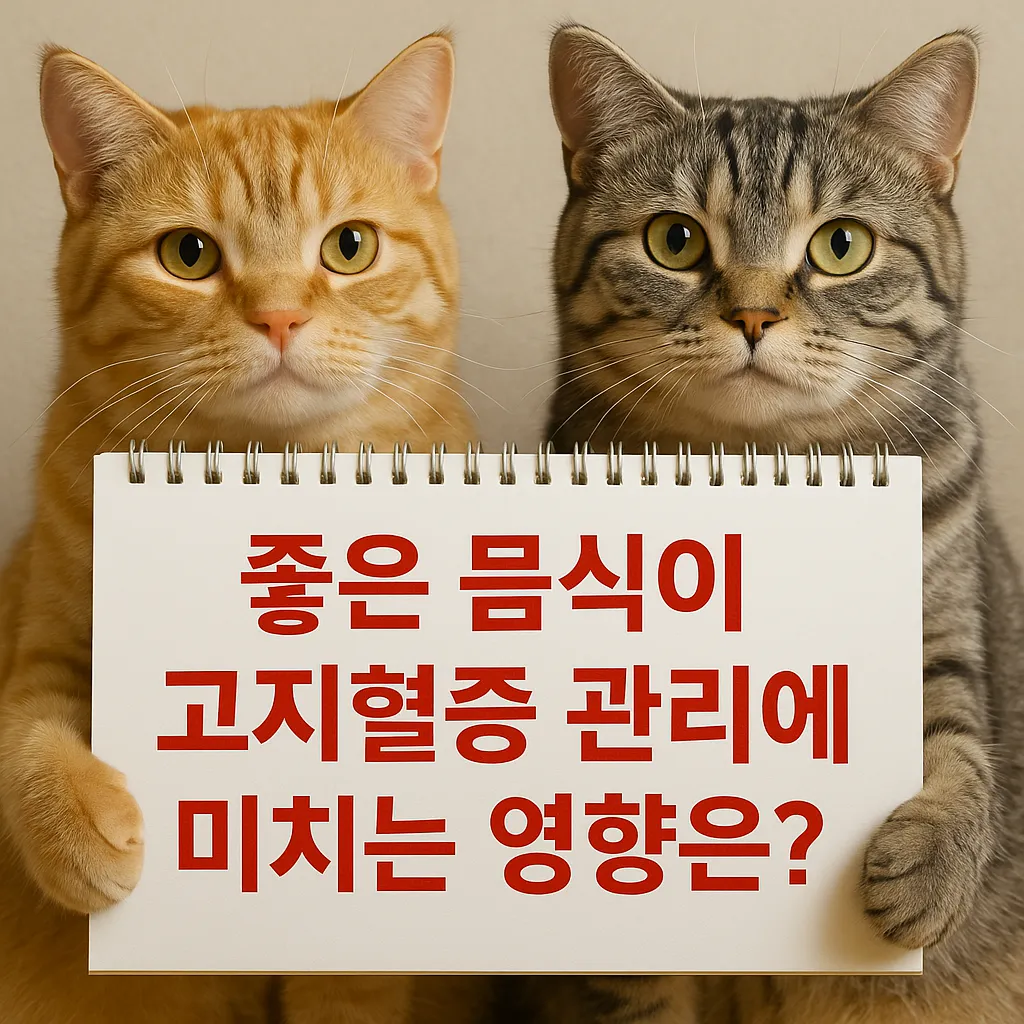 두 마리 고양이가 "좋은 음식이 고지혈증 관리에 미치는 영향은?"이라는 빨간 글씨가 적힌 스케치북을 들고 있는 모습.