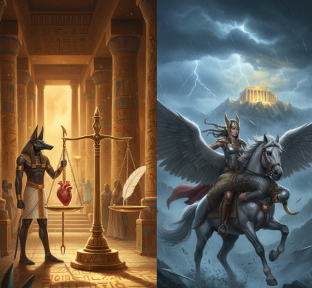 이집트의 심장 무게 재기 의식과 북유럽 발키리 비교 일러스트