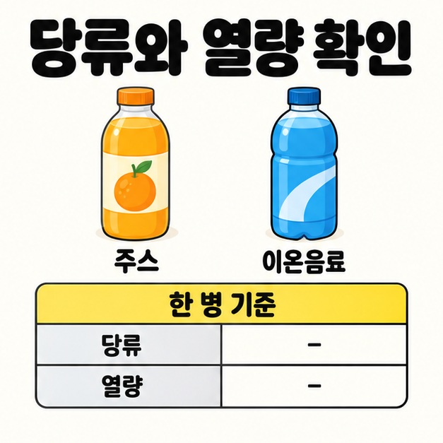 주스와 이온음료 병 아래 한 병 기준으로 당류와 열량을 확인하도록 표시한 영양정보 표