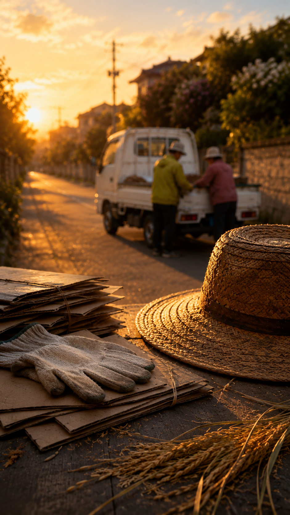 Elderly couple collecting cardboard at sunset near a small truck, reflecting on labor, dignity, and the place of the vulnerable in a changing society.
