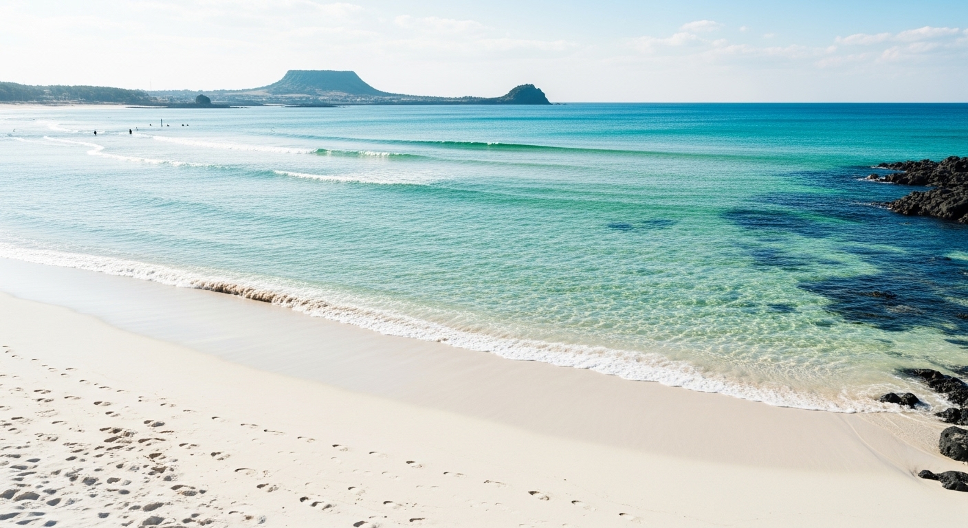맑고 투명한 겨울 제주 함덕 해변의 에메랄드빛 바다와 고운 모래사장