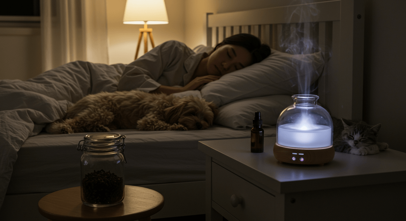 천연 정향과 라벤더 디퓨저로 모기를 퇴치한 후 반려견, 반려묘와 함께 평온하게 숙면 중인 젊은 한국인 여성의 침실 모습