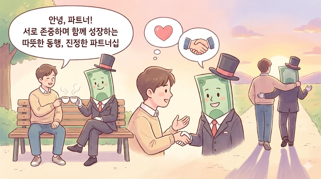 의인화된 돈(돈 신사)이 주인과 함께 나란히 앉아 차를 마시며 미래를 설계하는 평화롭고 따뜻한 일러스트