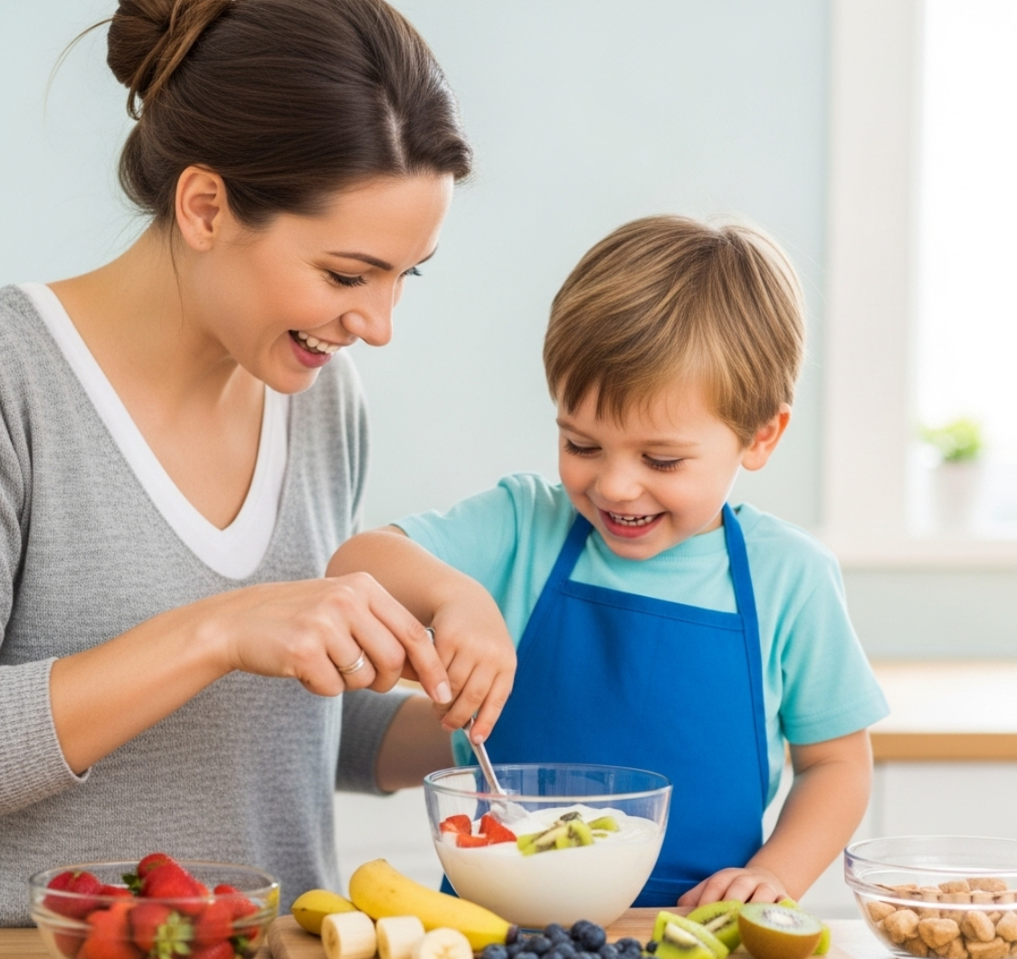엄마랑 아이가 딸기, 바나나, 블루베리, 키위를 요거트에 넣고 만드는 모습 사진